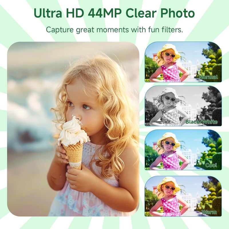SMARTKLIK Digital Camera, FHD 4K 44MP Autofocus Compact Digital Cameras for Teens, Green Point and Shoot Camera for Kids with 16X Zoom, 64GB SD Card, Small Digital Camera for Boys Girls Teens Kids Gift - Image 4